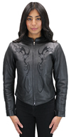 LC6555 Women's Motorcycle Leather Jacket with Removable Purple Hoodie, Purple Accesnts  Front View